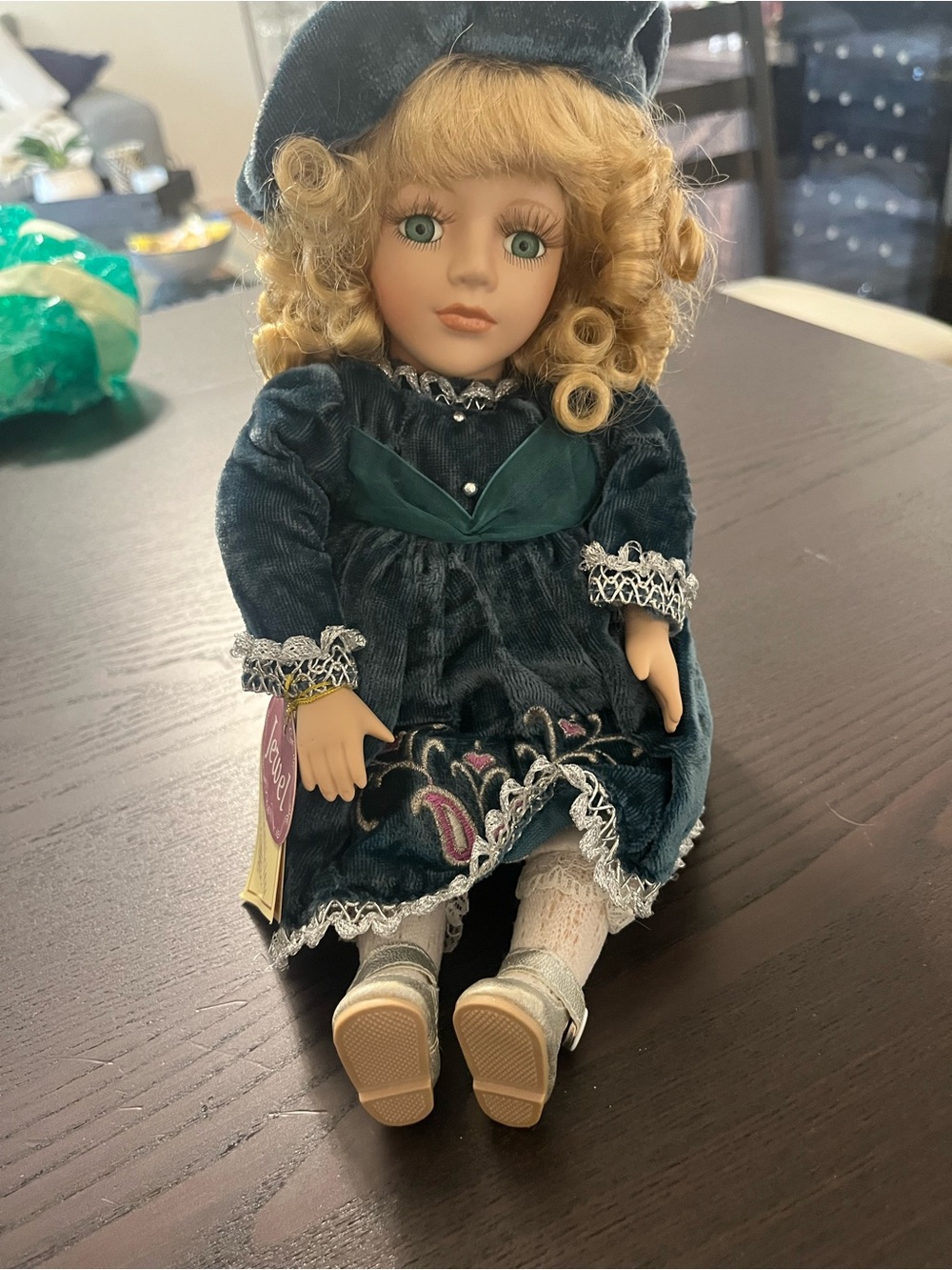 Porcelain Collector Doll in Teal Velvet Dress